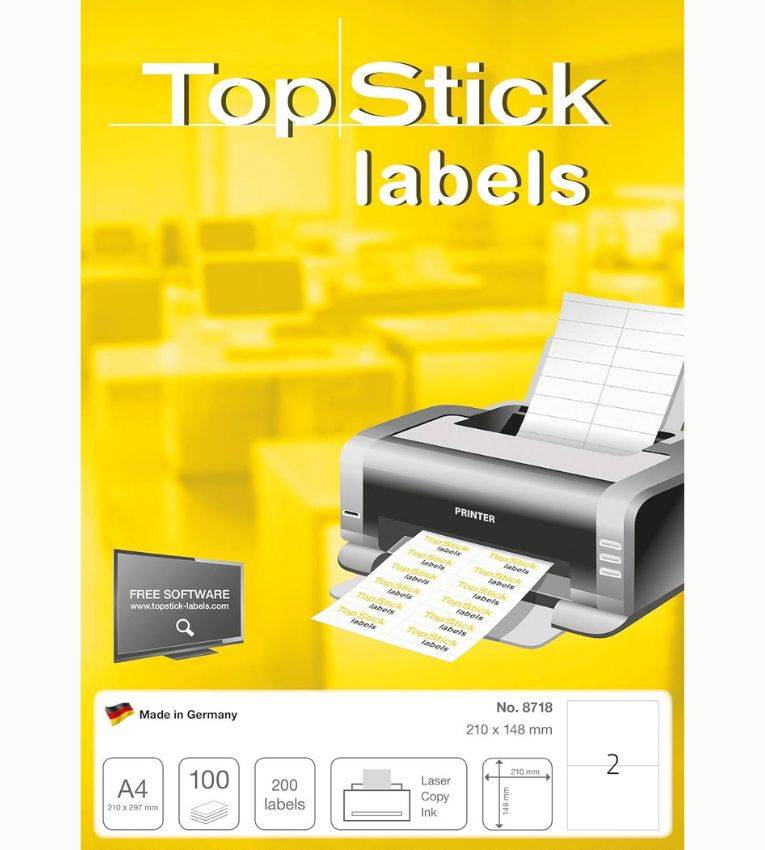 TOP STICK Etiquette universelle, 210x148 mm, blanc, 4 par feuille, A4, 200